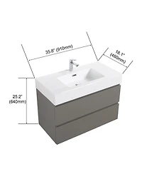 Sillysis 36" Gray Floating Bathroom Vanity with Double Soft Close Drawers, Handle-Free Design & Large Storage for Modern Bathrooms