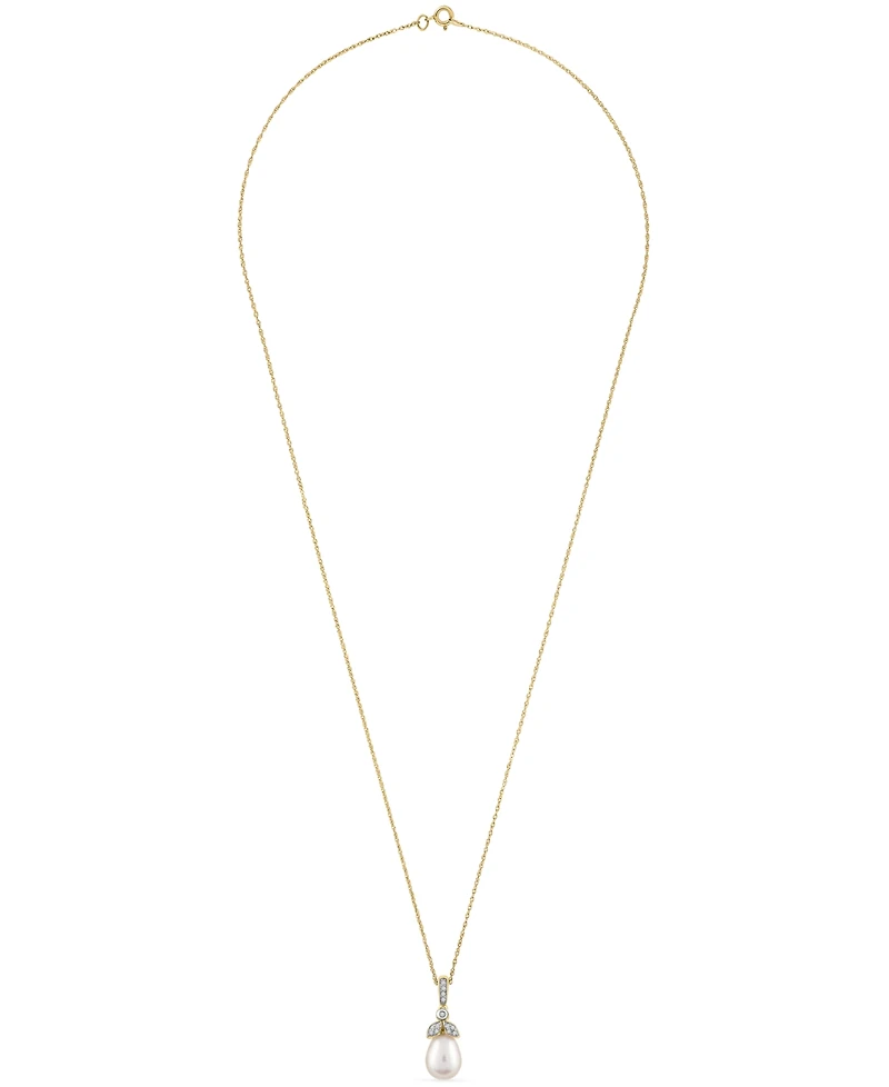 Macy's Cultured Freshwater Pearl (10x7mm) & White Diamond (1/20 ct. t.w.) Pendant Necklace in 10k Yellow Gold