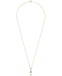 Macy's Cultured Freshwater Pearl (10x7mm) & White Diamond (1/20 ct. t.w.) Pendant Necklace in 10k Yellow Gold
