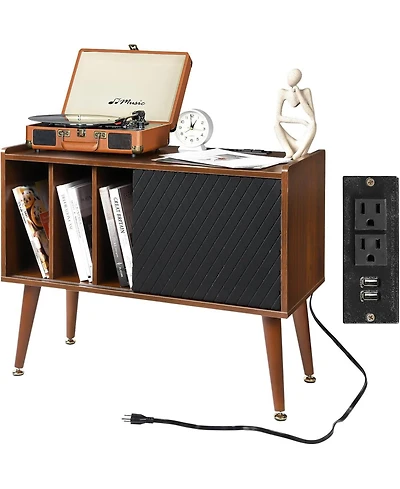 gaomon Large Record Player Stand with Charging Station, Vinyl Record Storage Cabinet with Sliding Door for Living Room Bedroom