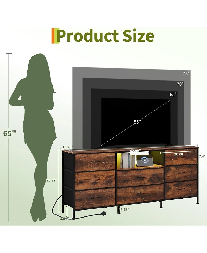 gaomon Tv Stand Dresser for 45-65 Inch Tv, Entertainment Center with Led Lights, 8 Fabric Drawers, Metal Frame Storage Cabinet