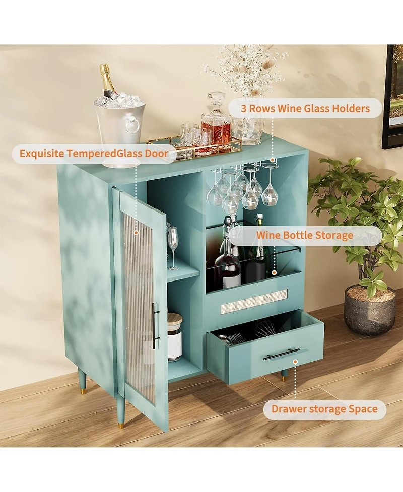 gaomon Modern Wine Bar Cabinet with Wine Glass Rack, Glass Door Display and Drawers, Coffee Bar & Liquor Cabinet with Storage, Buffet Sideboard Table