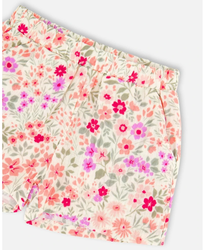 Deux par Deux Little Girls Tank Top with Smocking and Shorts Set in Muslin Printed Flowers