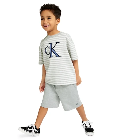 Calvin Klein Toddler and Little Boys' 2T-7 Relaxed Striped T-shirt French Terry Cargo Shorts, 2-Piece Set