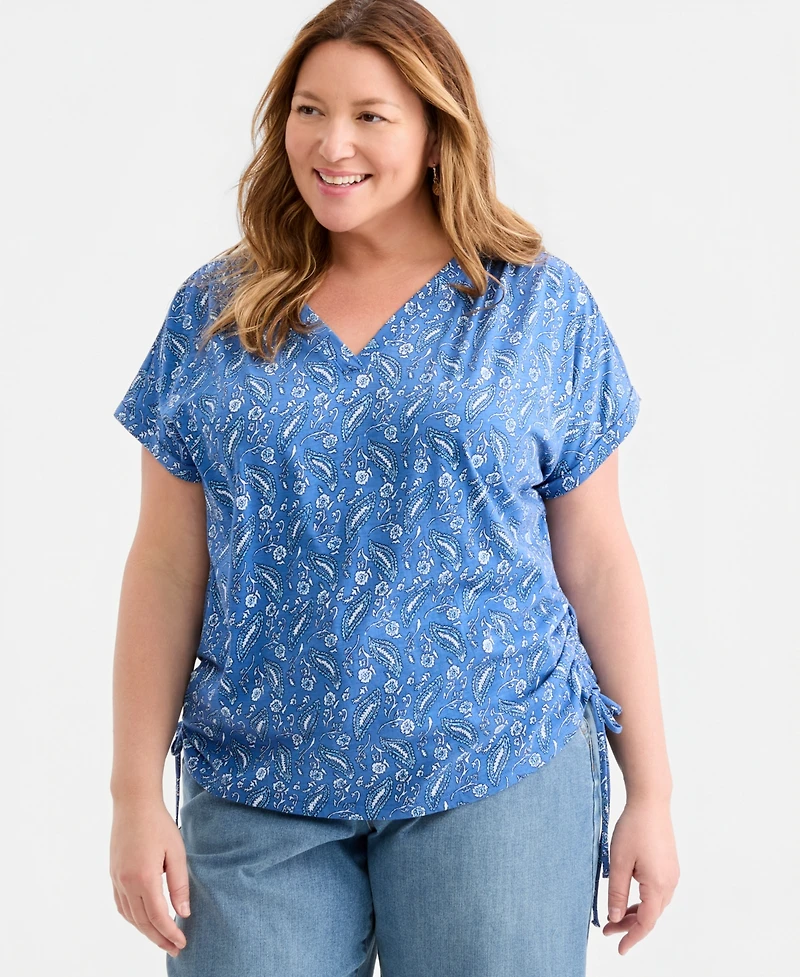 Style & Co Plus Printed Ruched-Tie V-Neck Top, Macy's Exclusive