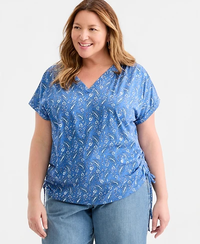 Style & Co Plus Printed Ruched-Tie V-Neck Top, Macy's Exclusive