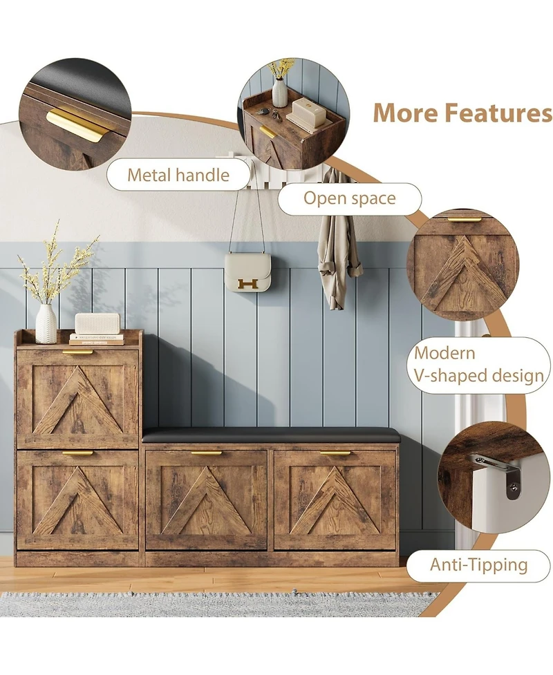 gaomon Farmhouse Freestanding Shoe Cabinet with Cushioned Bench and 4 Flip Drawers