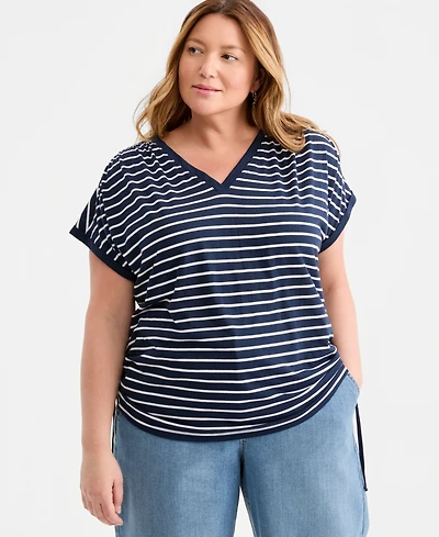 Style & Co Plus Striped Ruched-Tie V-Neck Top, Macy's Exclusive