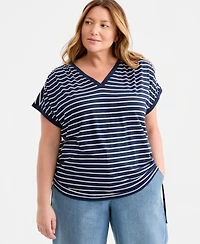 Style & Co Plus Striped Ruched-Tie V-Neck Top, Macy's Exclusive