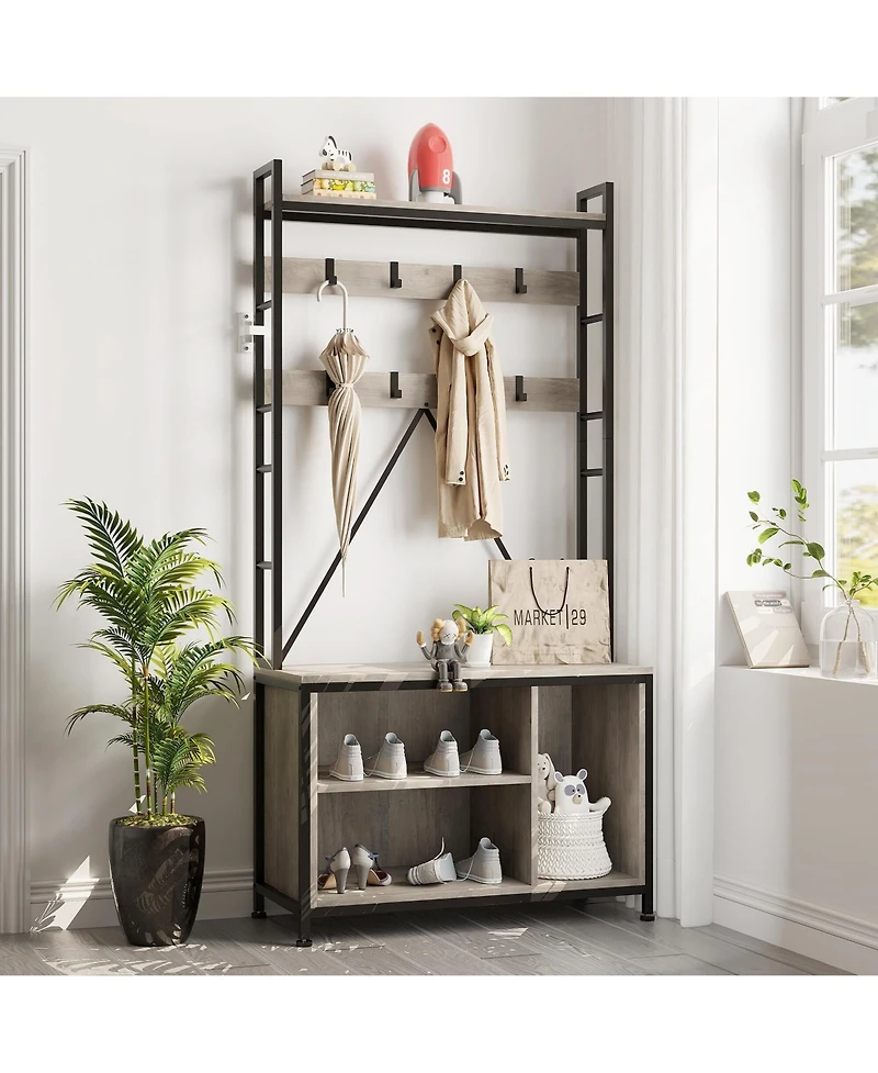 gaomon 36.4" Industrial Freestanding Hall Tree with Coat Rack, Bench and Shoe Storage