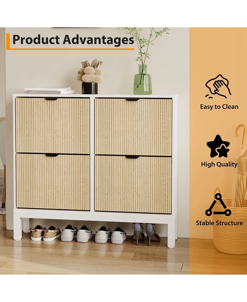 gaomon Modern Fluted 4-Flip-Drawer Shoe Cabinet, Narrow Freestanding Hidden Entryway Storage