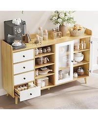 Farmhouse Sideboard Buffet Cabinet with Adjustable Shelves Glass Doors and Open Storage for Kitchen Dining and Entryway Wood