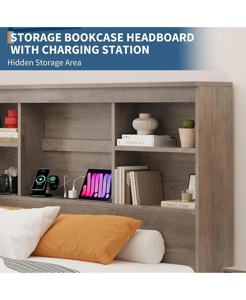 gaomon Full Bed Frame with Storage Headboard & 4 Drawers, Wood Platform Bed with Charging Station, No Box Spring