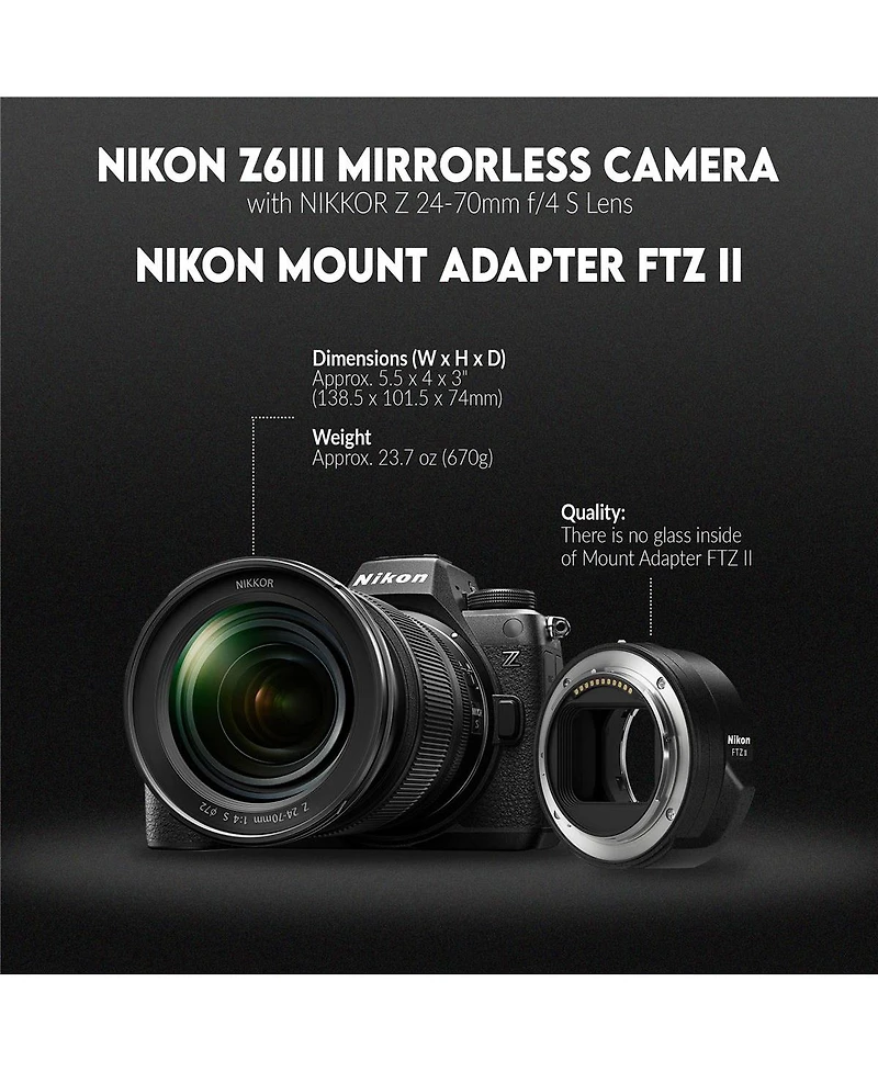 Nikon Z6III Mirrorless Camera with Nikkor Z 24-70mm f/4 S Lens, Bundle with Ftz II Adapter