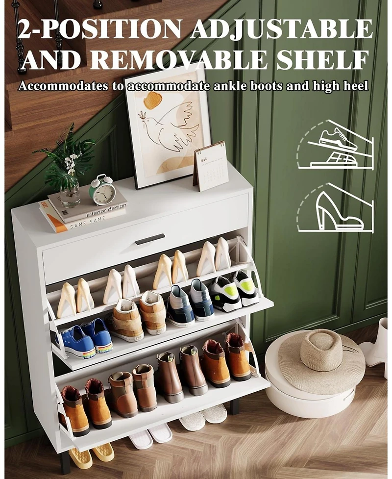 gaomon Narrow Freestanding Wooden Shoe Cabinet with 3 Drawers and Adjustable Shelves