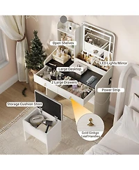 gaomon Vanity Desk with Led Mirror & Charging, Small Makeup Vanity Set, 2 Drawers, Stool, Storage for Girls