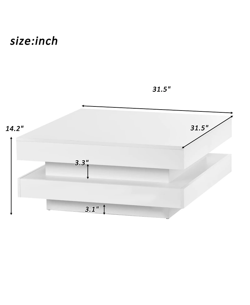 Rainsken 2-Tier Square Coffee Table, Modern High Gloss Led Center Table with Storage for Living Room and Home Office