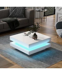 Rainsken 2-Tier Square Coffee Table, Modern High Gloss Led Center Table with Storage for Living Room and Home Office