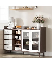 gaomon Farmhouse Sideboard Buffet Cabinet with Adjustable Shelves Glass Doors and Open Storage for Kitchen Dining and Entryway Walnut