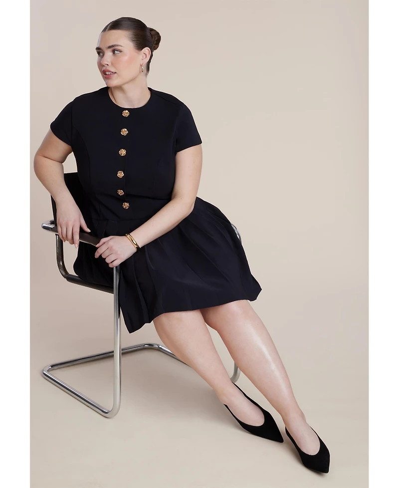 Eloquii Women's Button Detail Pleated Mini Dress