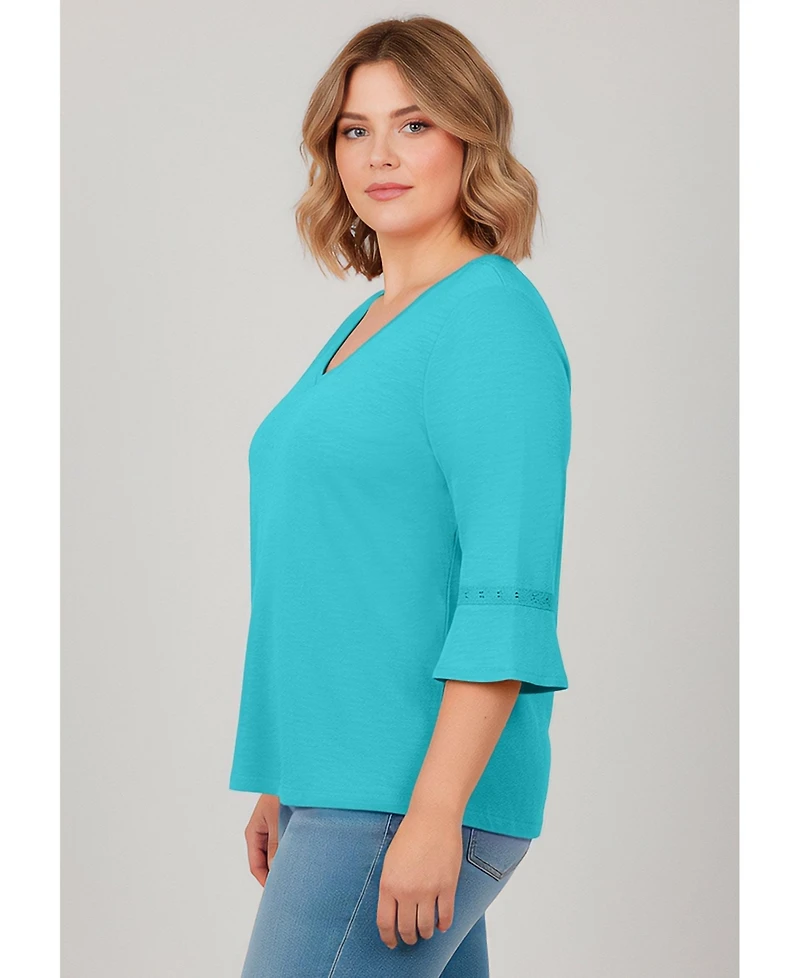 Avenue Women's Plus Crochet Trim Ruffle Sleeve Top