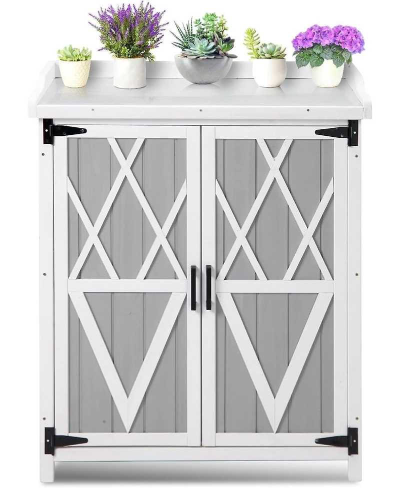 gaomon Outdoor wooden potting bench with metal worktop, waterproof storage cabinet, adjustable shelves, and double doors—ideal for gardening ta