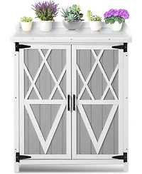 gaomon Outdoor wooden potting bench with metal worktop, waterproof storage cabinet, adjustable shelves, and double doors—ideal for gardening ta