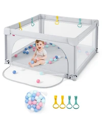 Gymax Toddler Playpen Large Safety Play Center Yard w/ 50 Ocean Balls Grey