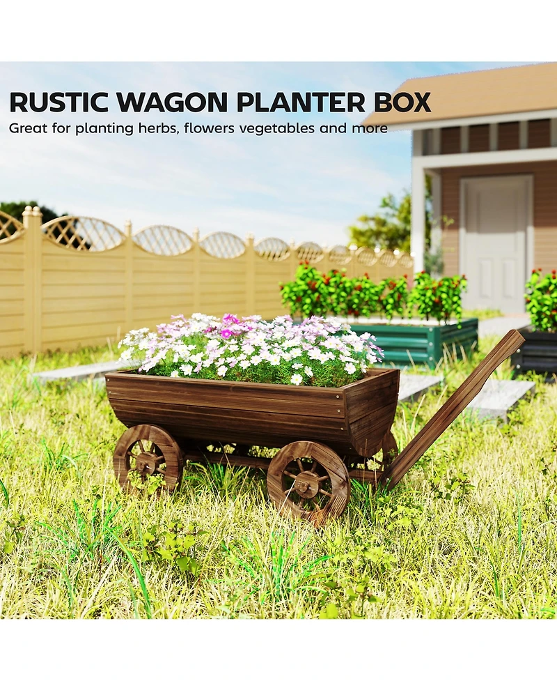 Outsunny Wooden Wagon Planter Box, Mobile Garden Planter with 4 Wheels