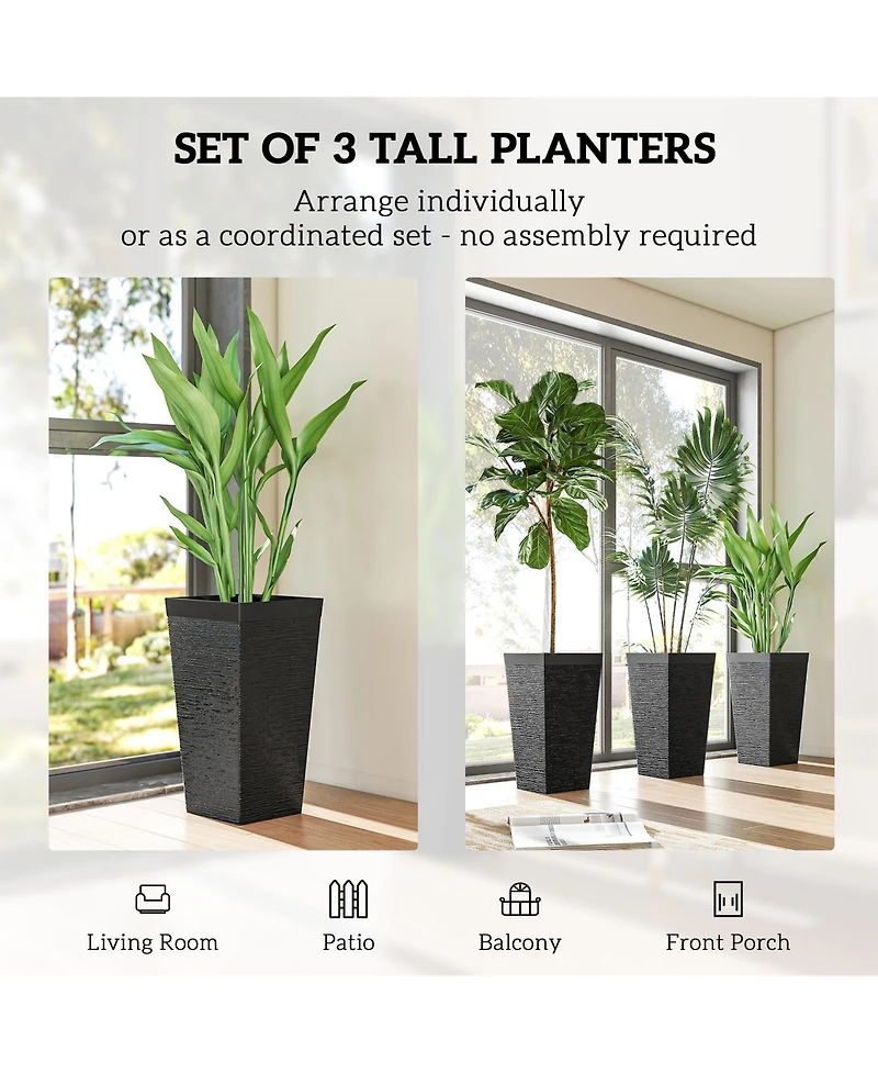 Outsunny 22.8 Inch Tall Planters, Set of 3 Plastic Flower Pots,