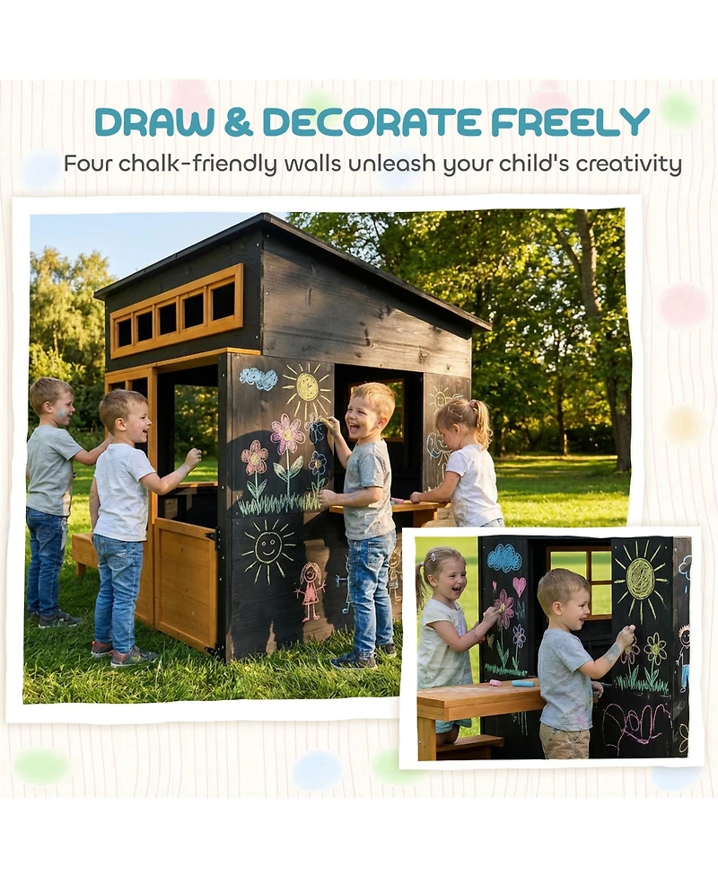 Qaba Kids Outdoor Playhouse, Wooden Kids Playhouse w/ Picnic Table