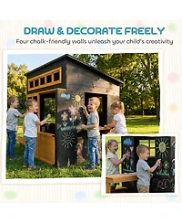 Qaba Kids Outdoor Playhouse, Wooden Kids Playhouse w/ Picnic Table