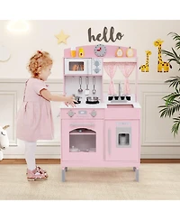 Mecale Play Kitchen for Kids, Wooden Chef Pretend Playset with 3 Adjustable Heights & Microwave