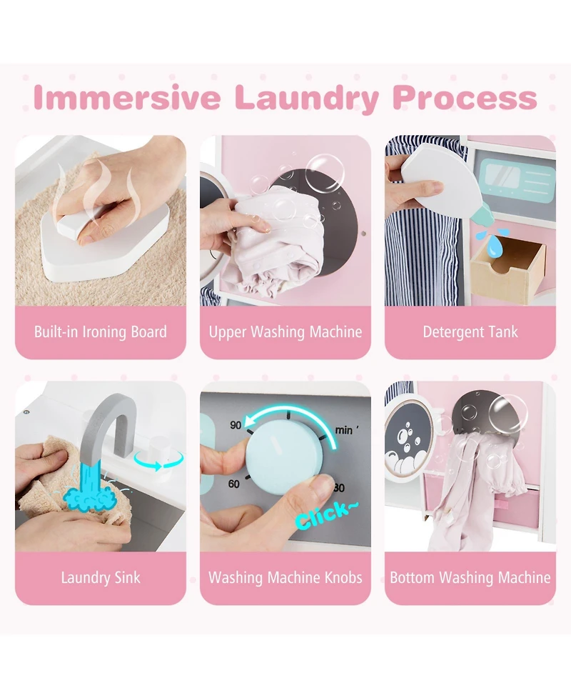 Mecale Wooden Kids Laundry Playset with Detergent Bottle & Clothes Hangers for Pretend Play