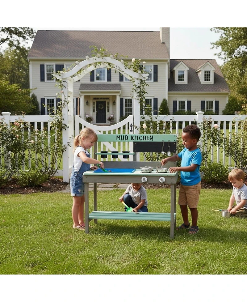 Clihome Kids Play Kitchen, Wood Mud Kitchen with Water Play Set & Cooking Toys for Outdoor, Gift for 3-8