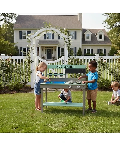 Clihome Kids Play Kitchen, Wood Mud Kitchen with Water Play Set & Cooking Toys for Outdoor, Gift for 3-8