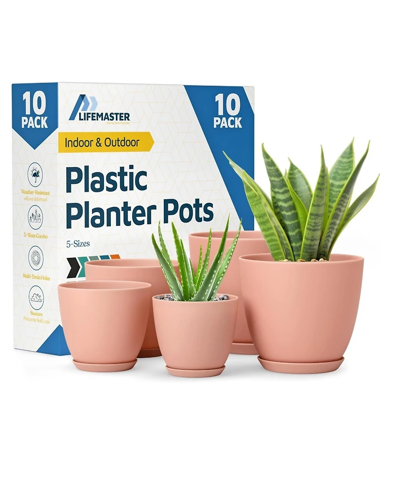 Lightweight, durable pink planter pots with drainage holes simple modern design for indoor/outdoor use. Space-saving set of 10 versatile plastic pots