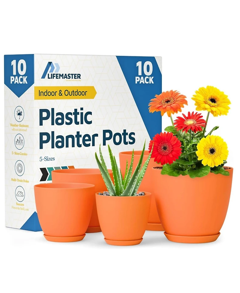 Lifemaster 10-Pack Yellow Plant Pots with drainage holes & saucers. Stackable, durable, weatherproof for indoor/outdoor plants & flowers