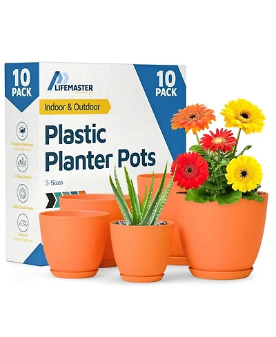 Lifemaster 10-Pack Yellow Plant Pots with drainage holes & saucers. Stackable, durable, weatherproof for indoor/outdoor plants & flowers