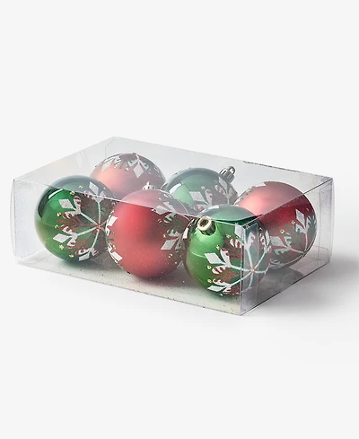 Holiday Lane Heritage Set of 6 Shatterproof Red White and Green Snowflake Ball Ornaments, Macy's Exclusive