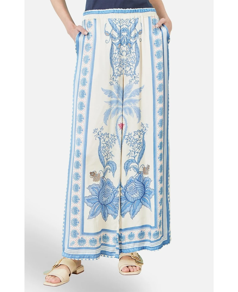 Yumi Women's Satin Print Placement Relaxed Trousers