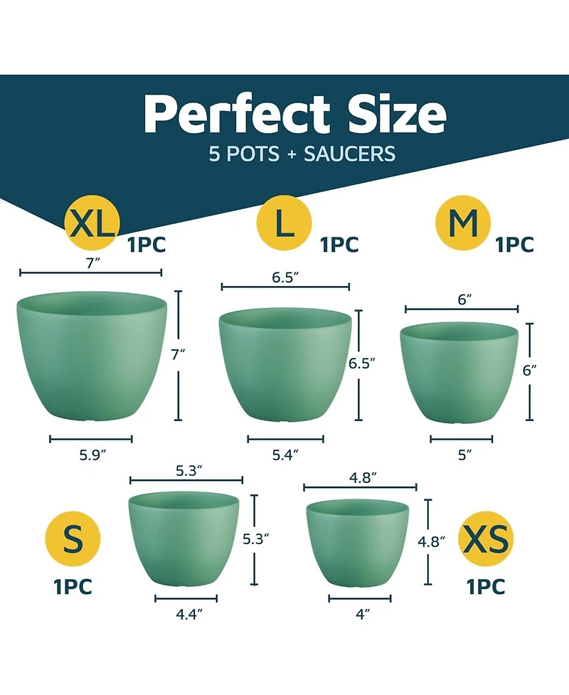 Set of 5 lightweight, durable mint planter pots with drainage holes. Space-saving, modern design for versatile indoor/outdoor planting.