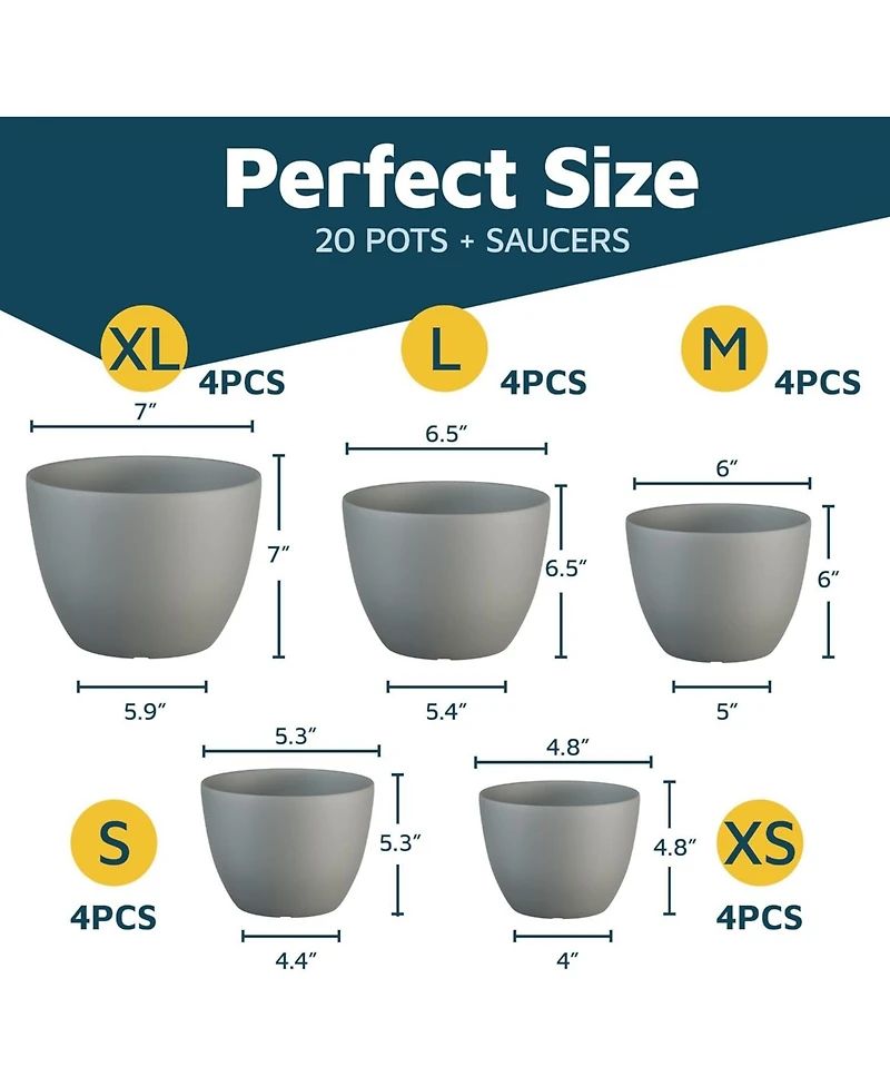 Lifemaster Gray Planter Pots 20-Pack with Drainage Holes, Lightweight, Durable & Space-Saving Indoor & Outdoor Plastic Planters