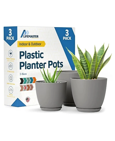 Lifemaster Gray Plant Pots 3-Pack with Drainage Holes & Saucers, Stackable Space-Saving Indoor & Outdoor Planters