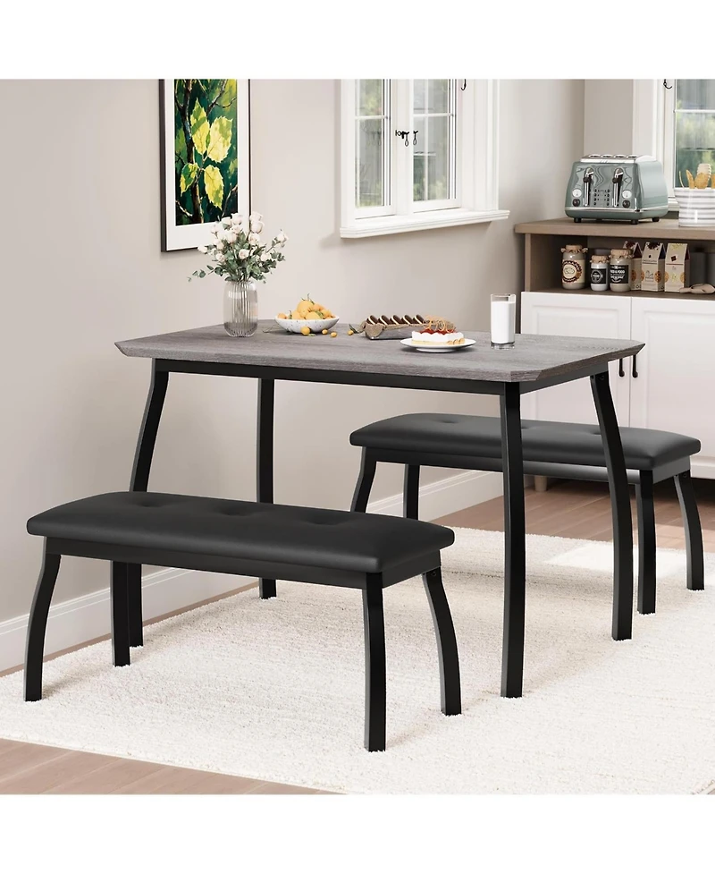 gaomon 3-Piece Wooden Dining Table Set with 2 Upholstered Benches