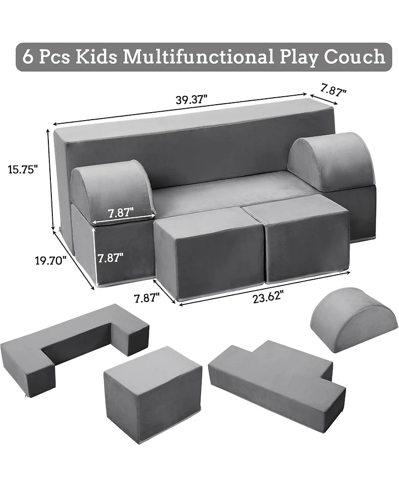 Kids Play Couch, 6Pcs Modular Kids Play Sofa for Playroom, Kids Modular Couch Toddler Foam Sofa, Kids Convertible Sofa with Removable Cover, Pink