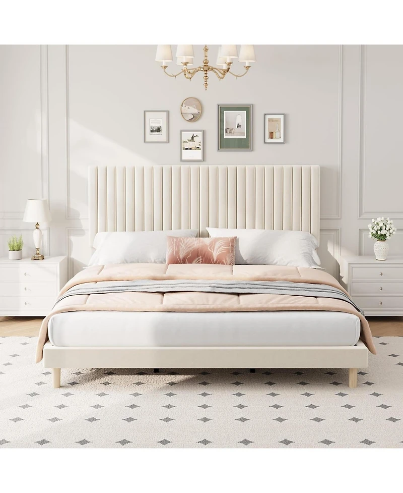 gaomon King Size Velvet Platform Bed Frame with Vertical Channel Tufted Adjustable Headboard
