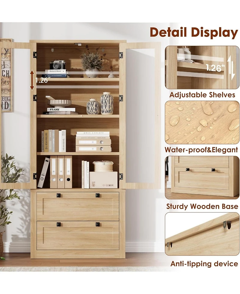 gaomon Tall Kitchen Pantry Cabinet - Modern Display Storage with 2 Large Drawers, Glass Doors, and Adjustable Shelves