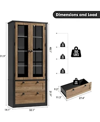 gaomon Tall Kitchen Pantry Cabinet - Modern Display Storage with 2 Large Drawers, Glass Doors, and Adjustable Shelves