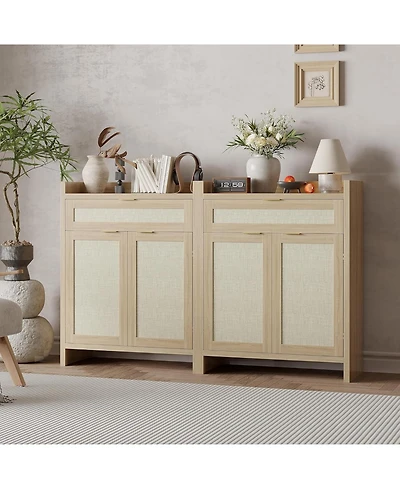 gaomon 32” boho rattan shoe cabinet with doors and drawer, adjustable shelf, and wood finish—ideal as a coffee bar or accent console.